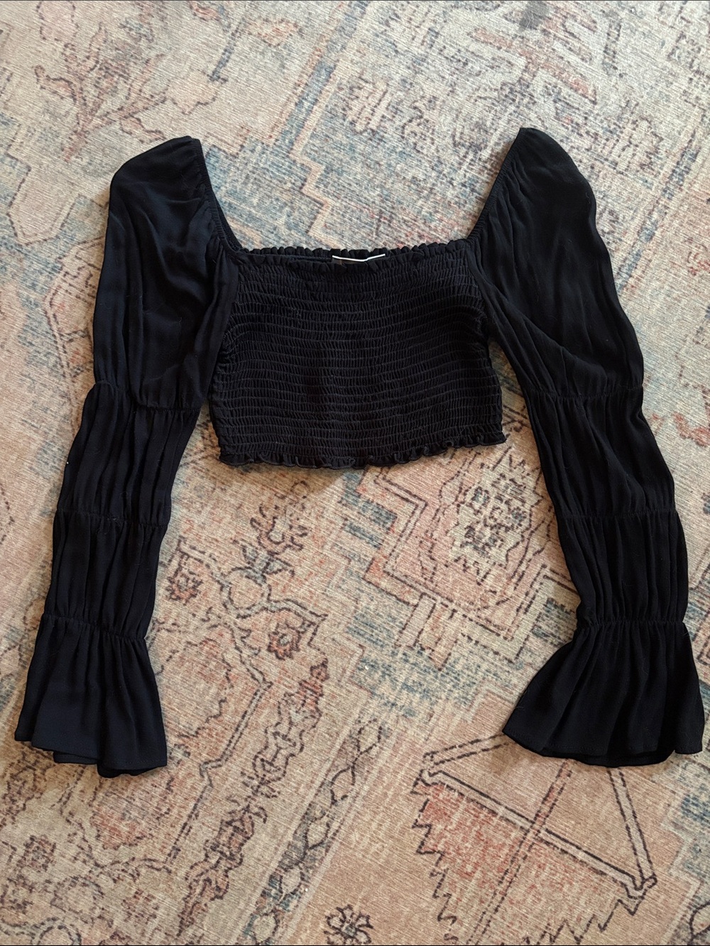 Lulu's Black Smocked Square-Neck Crop Top with Long Puff Sleeves